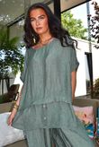 Tasha Damask Cap Sleeve Button Top Khaki
